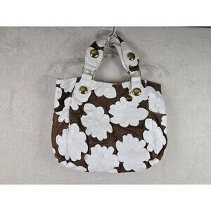 BIG BUDDHA Brown Canvas & White Faux Leather Floral Shoulder Bag Purse